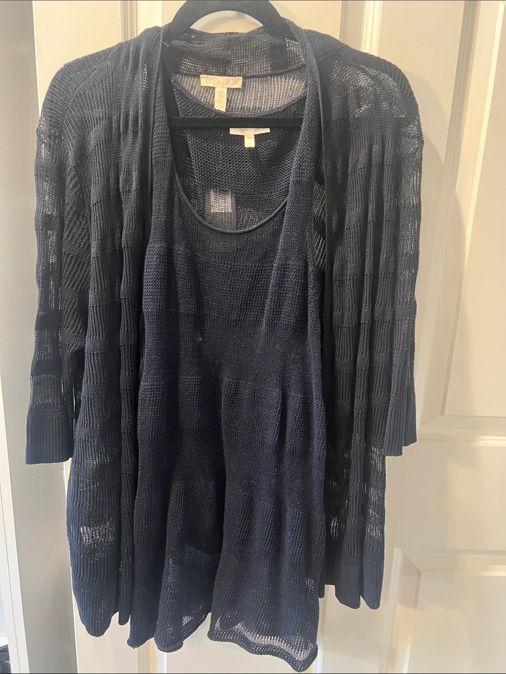 Eileen Fisher ink straight Open-Weave Cardigan and Tank Set